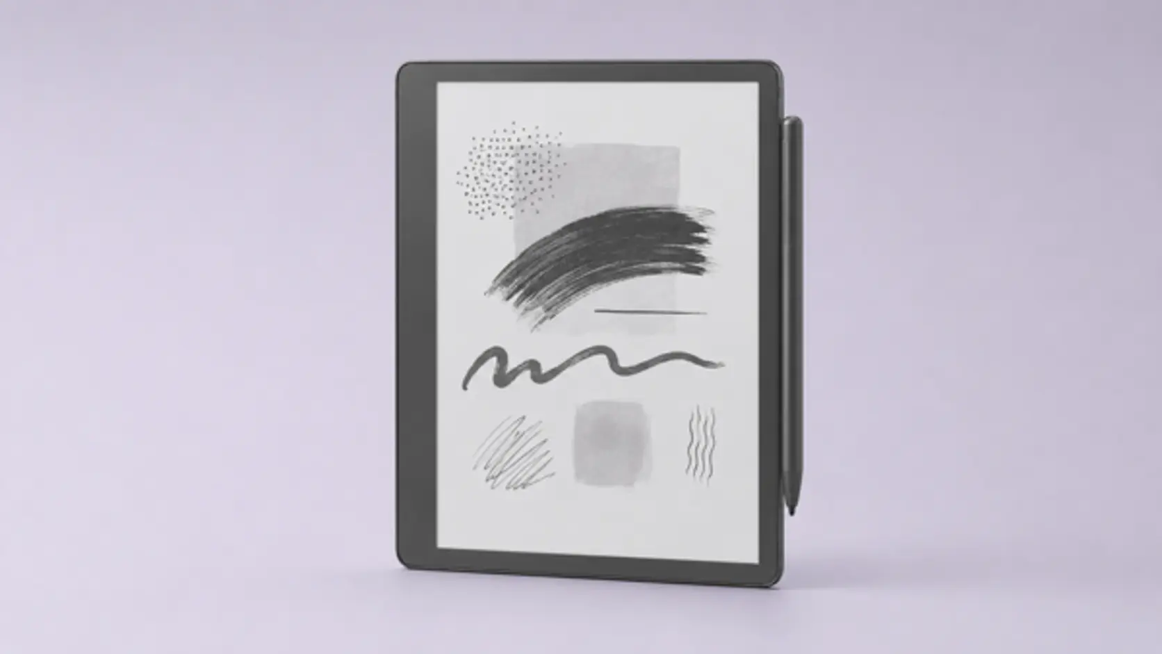 Amazon Kindle Scribe con penna su sfondo lavanda