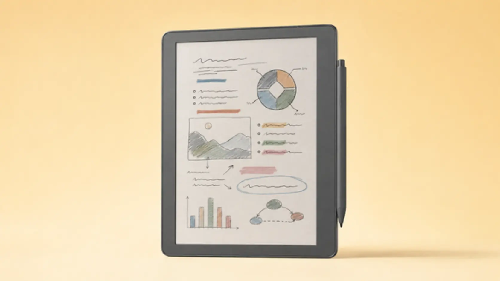 Amazon Kindle Scribe Colorsoft con penna su sfondo giallo burro