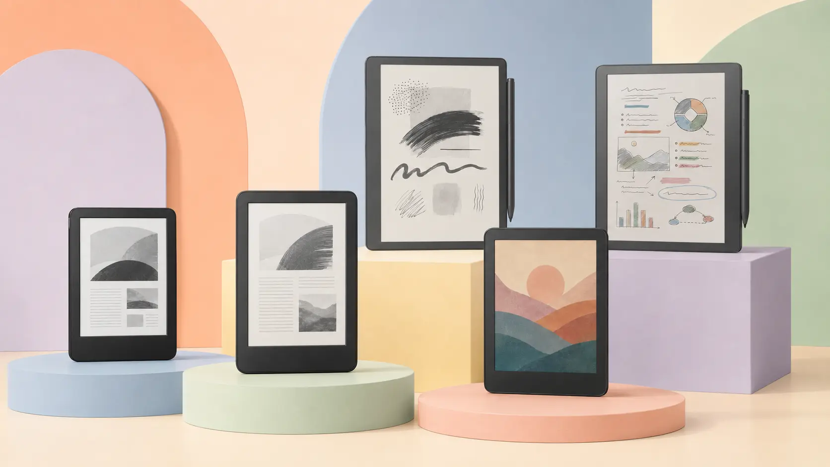 Cinque modelli Kindle su un set editoriale colorato